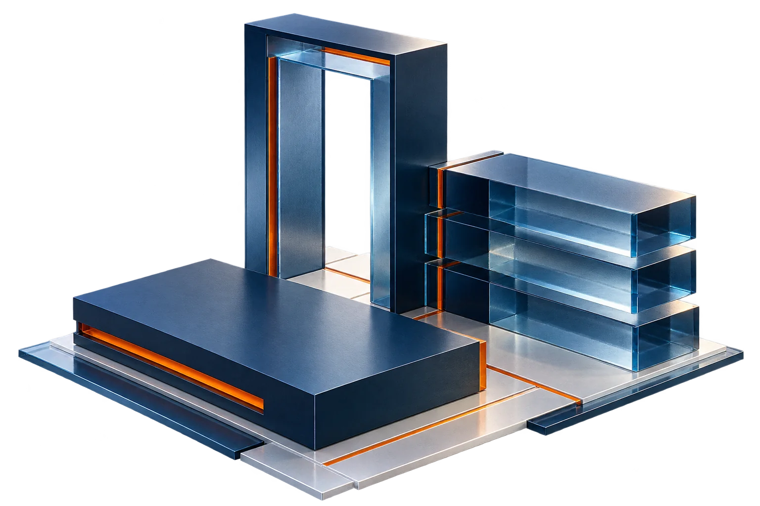 Architectural study of three blue glass and aluminium structures with orange details, representing three business perspectives